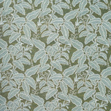 A close-up of a woven fabric pattern featuring a dense botanical leaf design in aqua blue with cream outline on a green field. 
