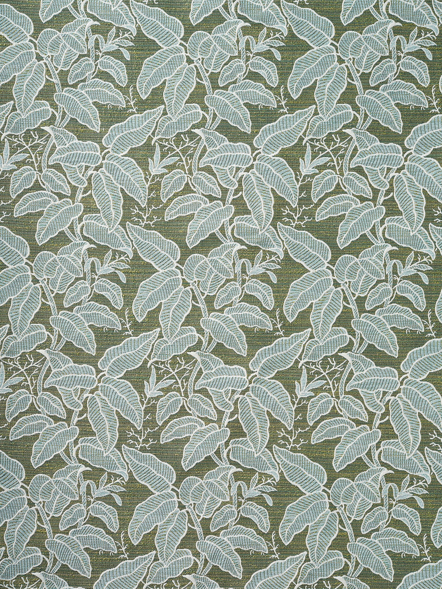 A close-up of a woven fabric pattern featuring a dense botanical leaf design in aqua blue with cream outline on a green field. 