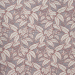 A close-up of a woven fabric pattern featuring a dense botanical leaf design in soft grey with warm pink outline on a grey-blue field. 