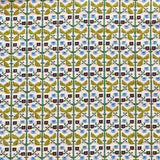 Patterned fabric with a gridded floral design in green, yellow and blue. 