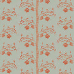 Detail of wallpaper in a linear tree and leaf print in burnt orange on a light green field.