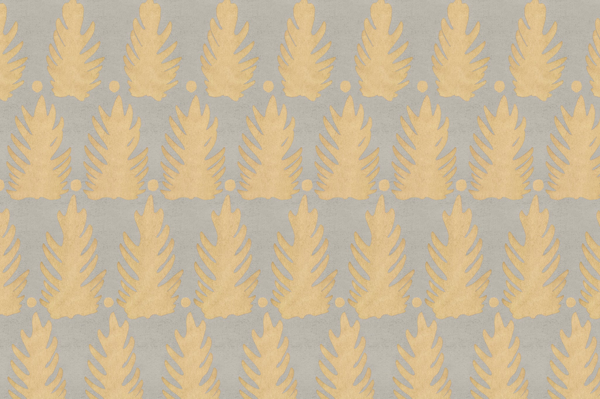 Detail of fabric in a linear leaf print in gold on a light gray field.