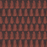 Detail of fabric in a linear leaf print in red on a black field.