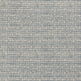Detail of a linen fabric in a repeating abstract gridded pattern in navy on a cream field.