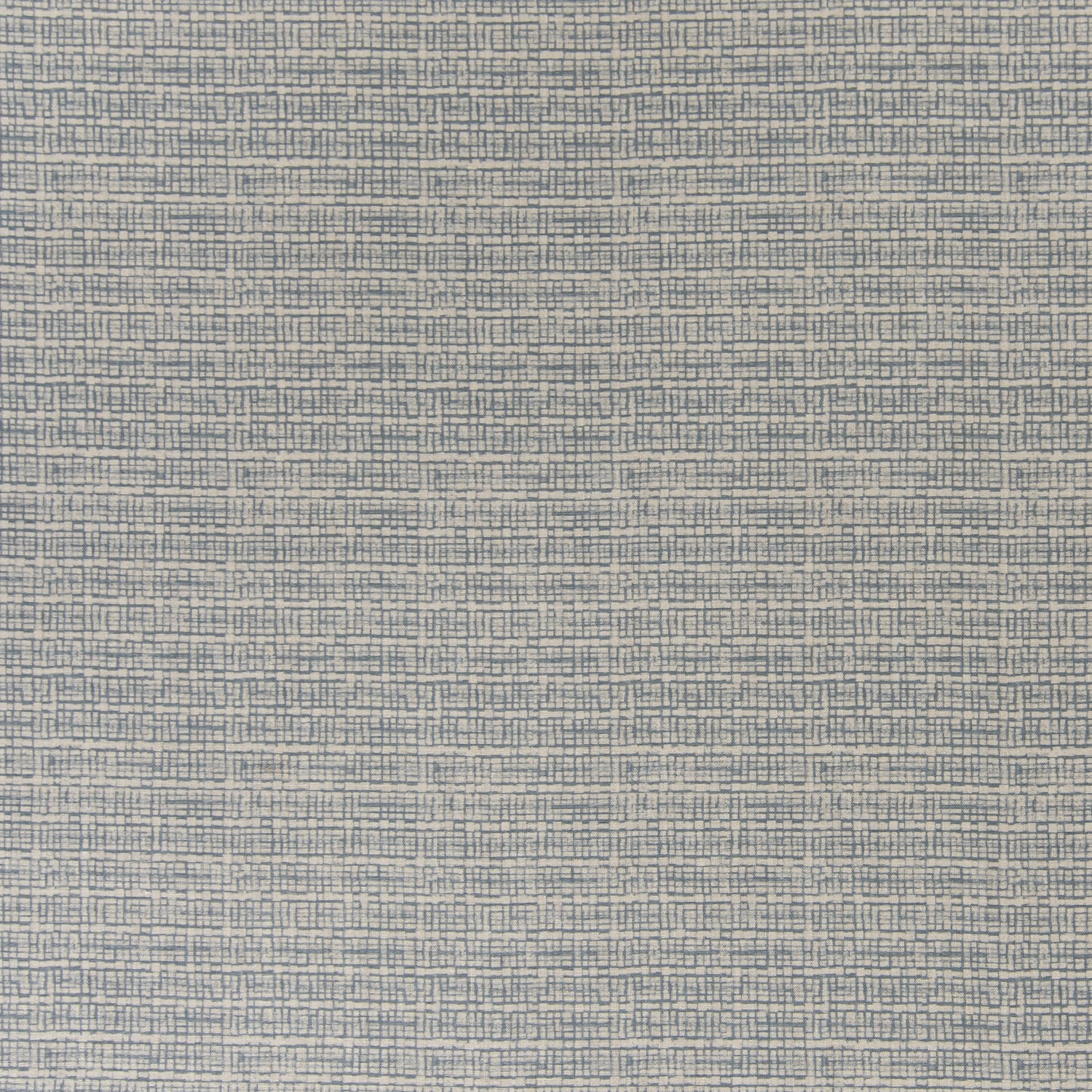 printed linen fabric in a repeating abstract gridded pattern in navy on a cream field.