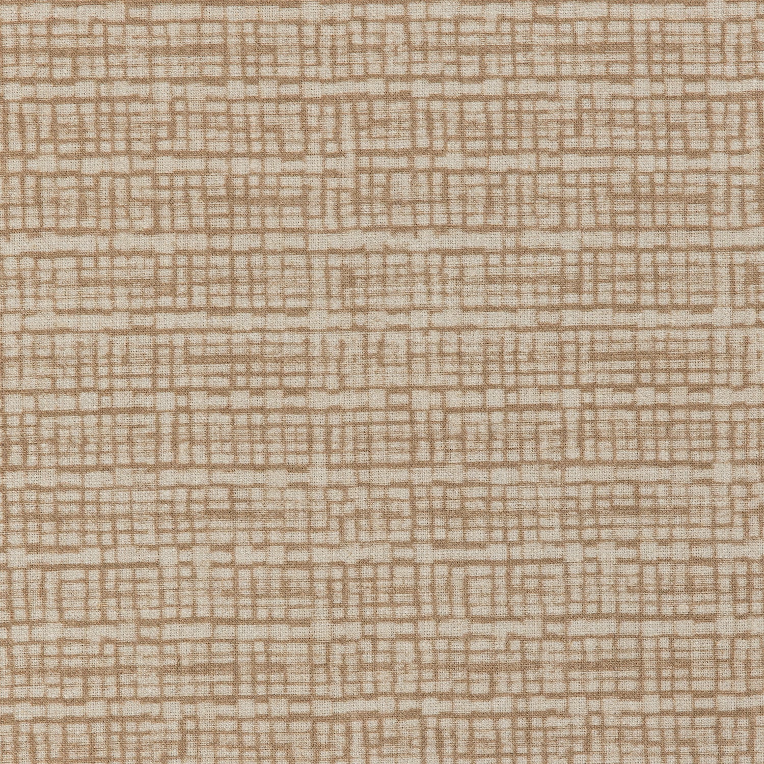 Detail of a linen fabric in a repeating abstract gridded pattern in tan on a cream field.