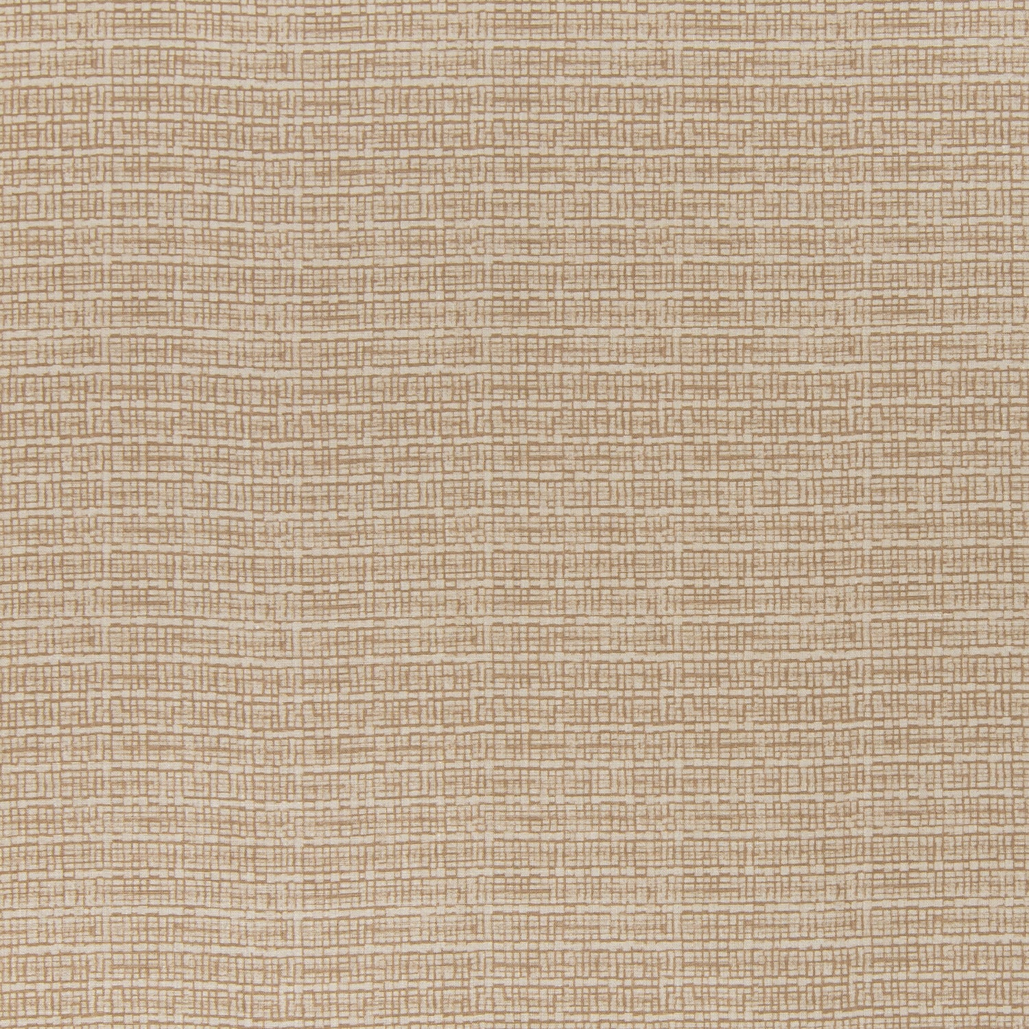 printed linen fabric in a repeating abstract gridded pattern in tan on a cream field.