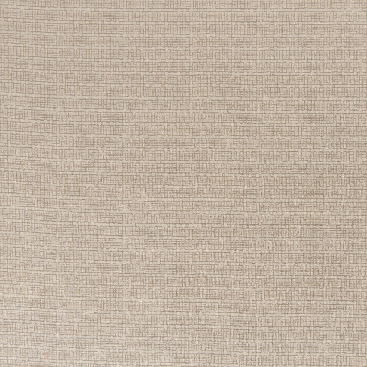 printed linen fabric in a repeating abstract gridded pattern in beige on a cream field.