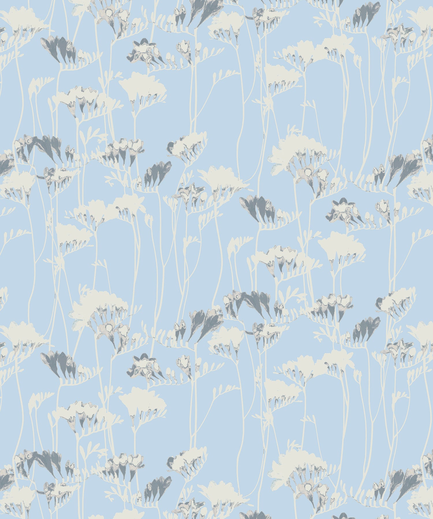 Floral pattern with white and gray flowers on a light blue background