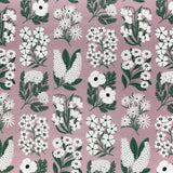 Detail of fabric in a minimalist floral grid print in white and green on a light purple field.