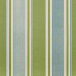 Detail of fabric in a classic stripe print in blue and green on a cream field.