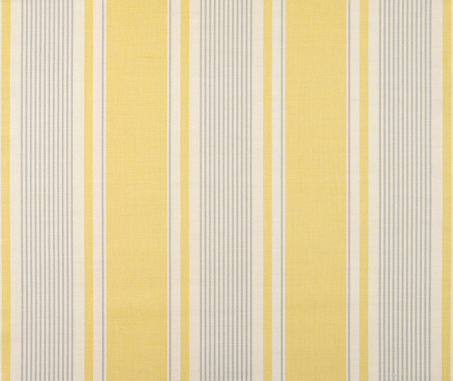 Detail of fabric in a classic stripe print in yellow and gray on a cream field.