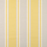 Detail of fabric in a classic stripe print in yellow and gray on a cream field.