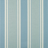 Detail of fabric in a classic stripe print in blue and turquoise on a cream field.