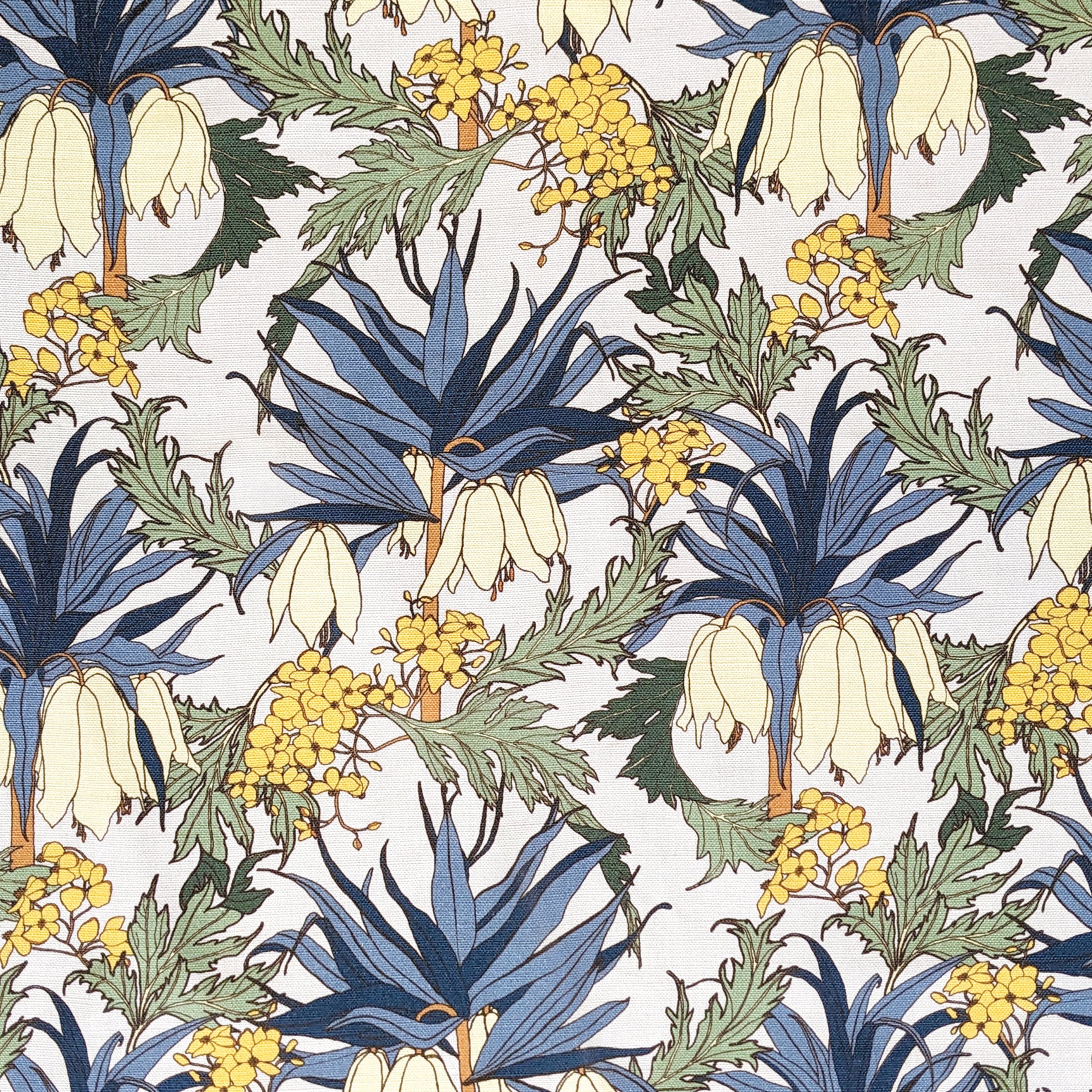 Detail of fabric in a dense floral print in shades of cream, yellow, green and blue on a white field.