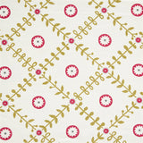Detail of fabric in a flower and leaf lattice print in red and green on a white field.