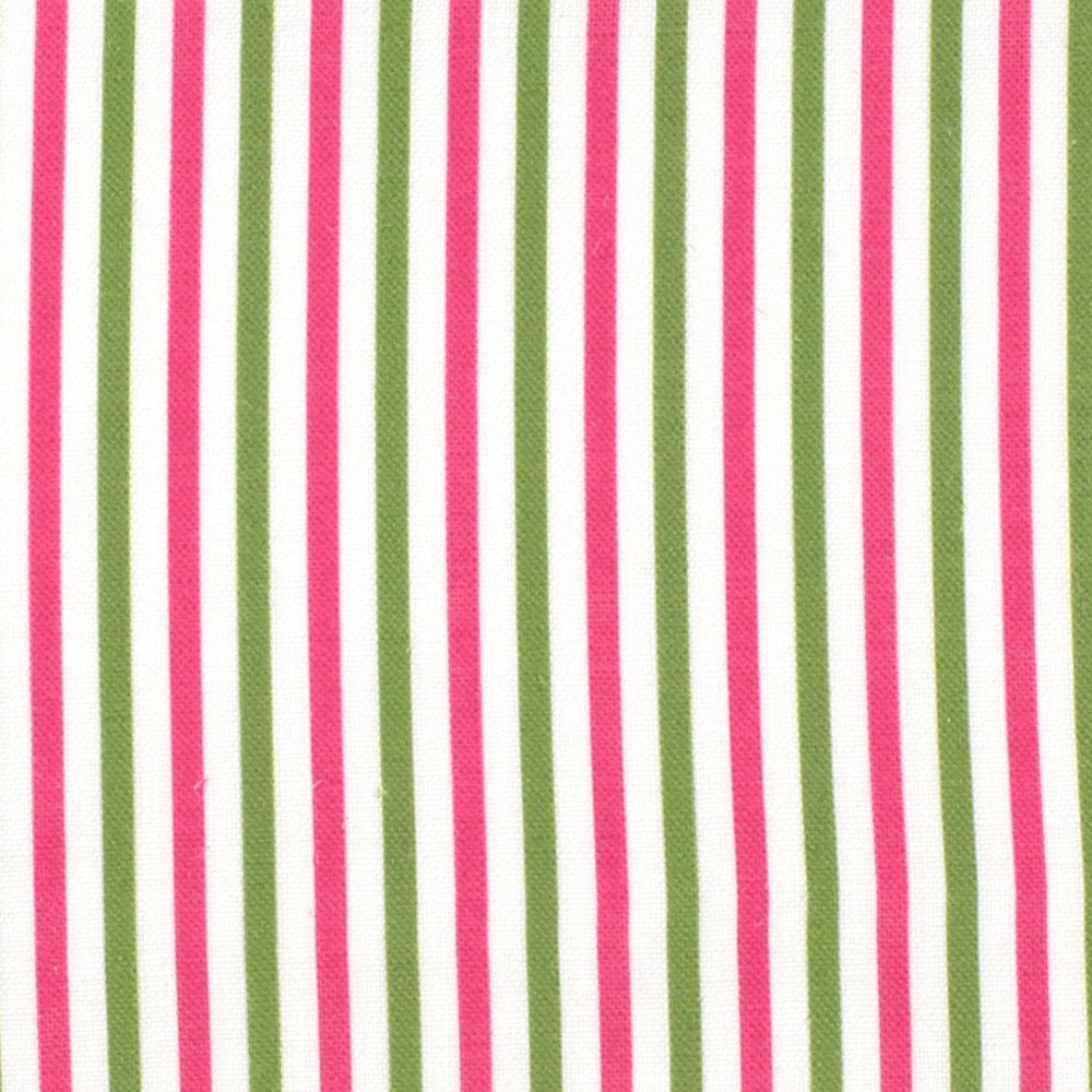 Detail of fabric in a small-scale stripe print in green and fuchsia on a white field.