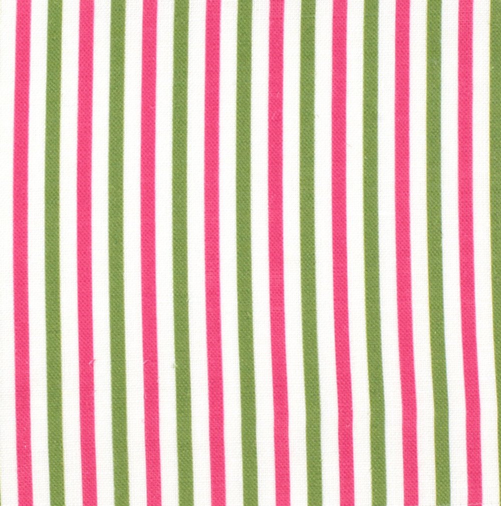 Detail of fabric in a small-scale stripe print in green and fuchsia on a white field.