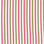 Detail of fabric in a small-scale stripe print in green and fuchsia on a white field.