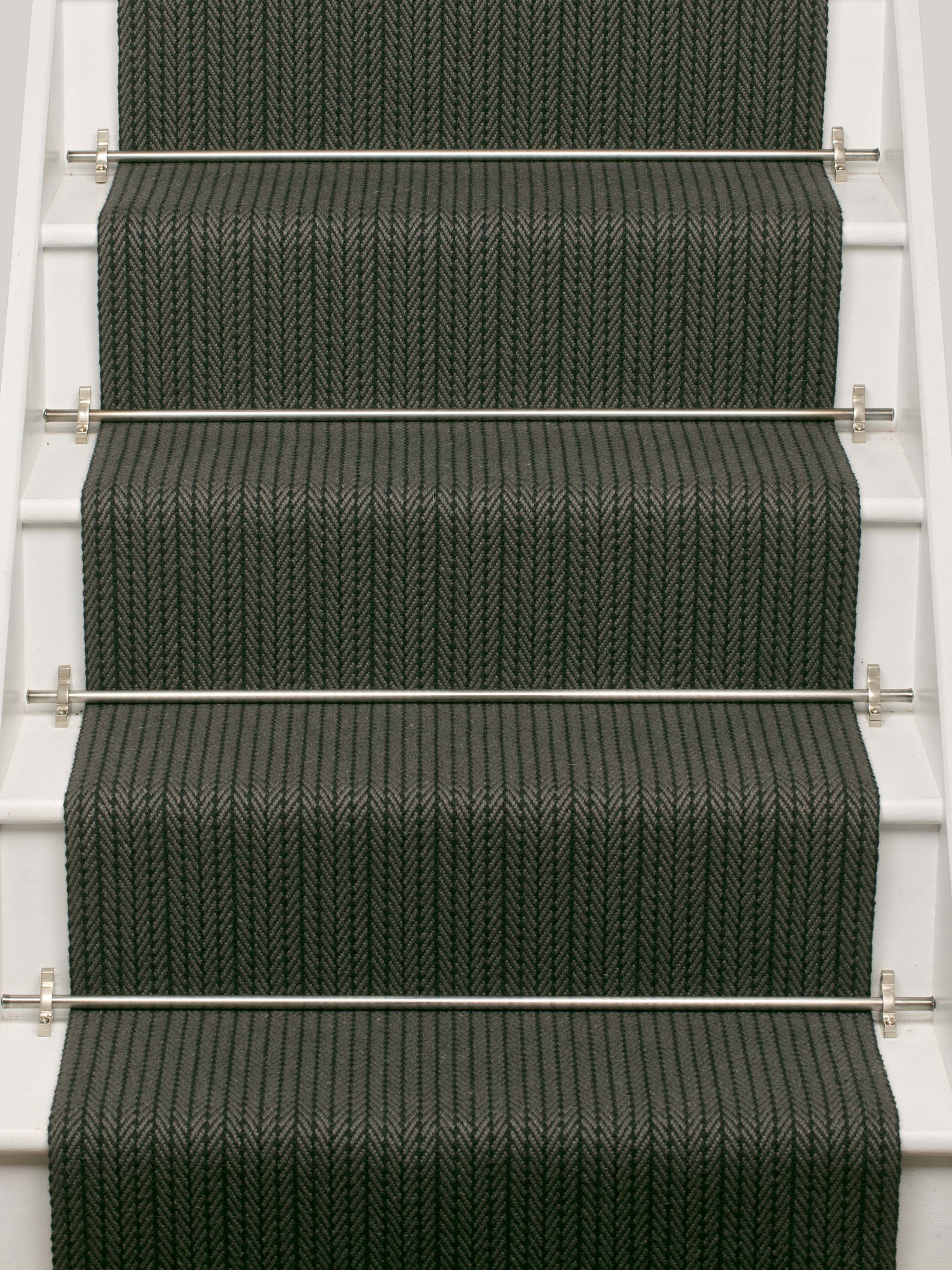 Striped flatweave runner in dark grey on white staircase