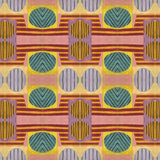 Close up of printed wallpaper with a complex geometric and striped pattern with pink, orange, turquoise and red