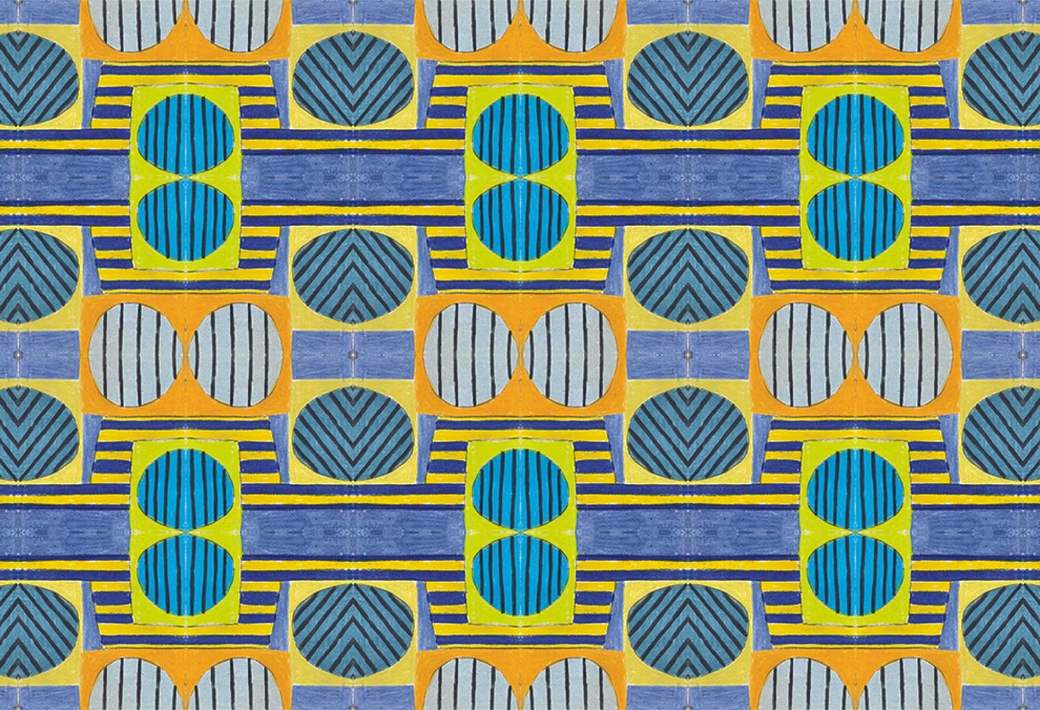Close up of printed wallpaper with a complex geometric and striped pattern with yellow, blue, orange and pale blue. 