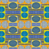 Close up of printed wallpaper with a complex geometric and striped pattern with yellow, blue, orange and pale blue. 