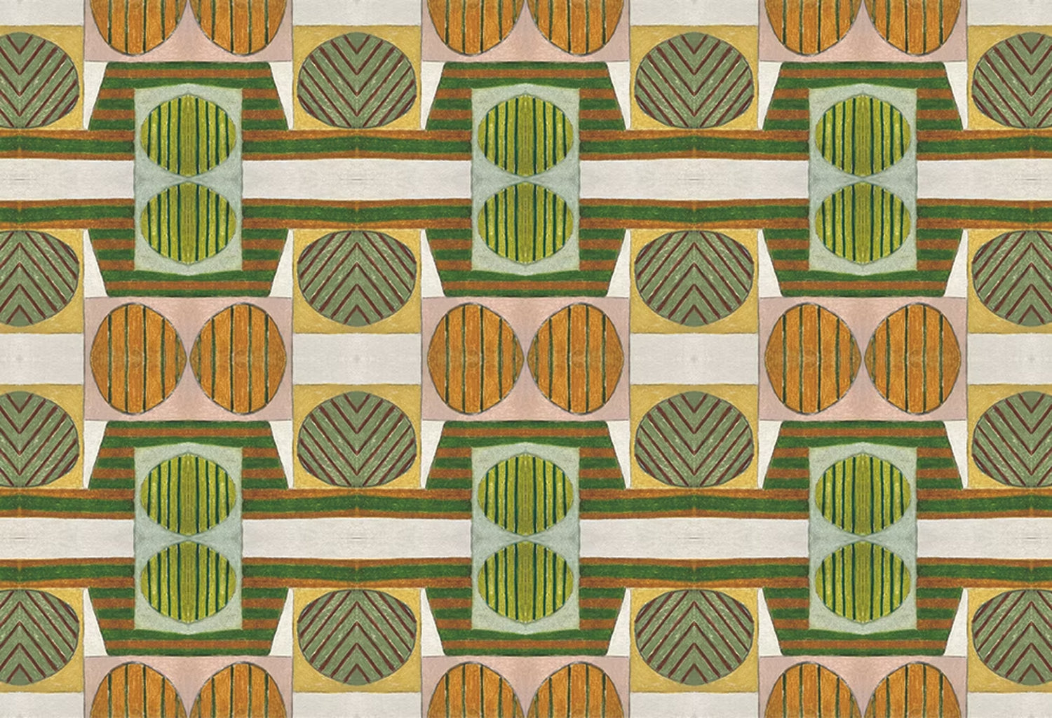 Close up of printed wallpaper with a complex geometric and striped pattern with orange, brown, grey and green.