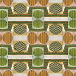 Close up of printed wallpaper with a complex geometric and striped pattern with orange, brown, grey and green.