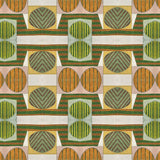 Close up of printed wallpaper with a complex geometric and striped pattern with orange, brown, grey and green.