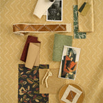 Moodboard with layered swatches of fabrics and inspiration images in palette of yellow, green and brown. 