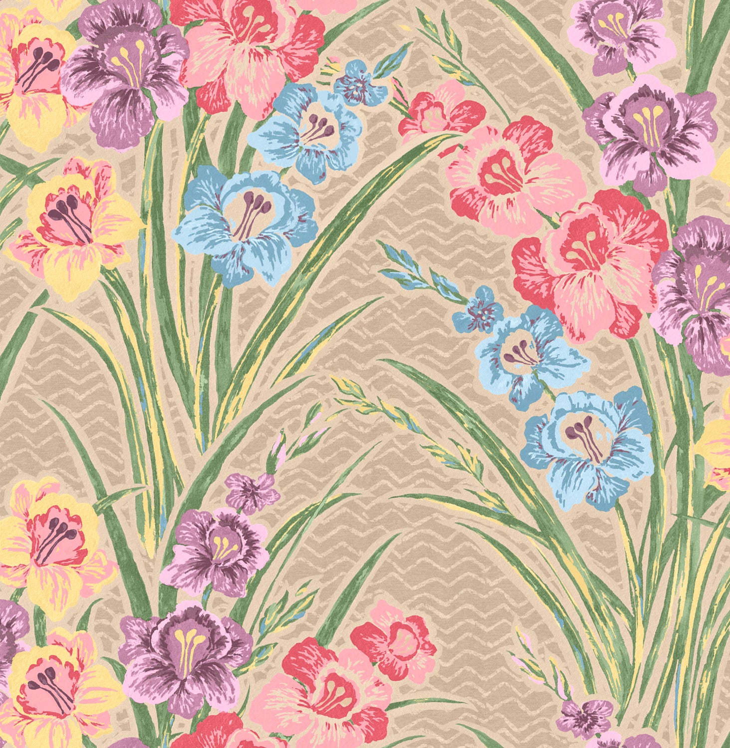 Detail of wallpaper in a large-scale floral pattern in a rainbow of pastels on a tan field.