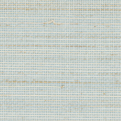 Detail of a grasscloth wallpaper panel with a textured weave in shades of pastel, blue and turquoise.