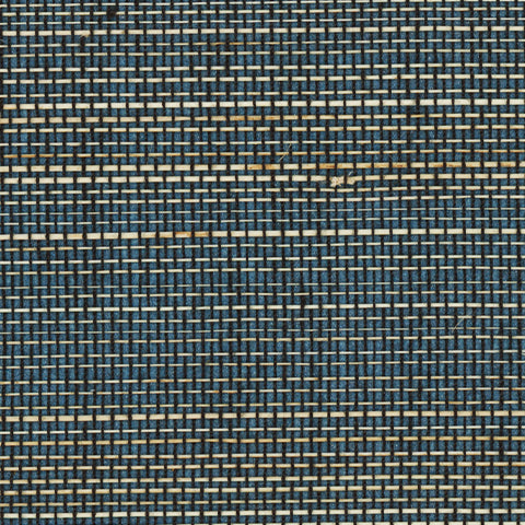 Detail of a grasscloth wallpaper panel with a textured weave in shades of green, cream and turquoise.