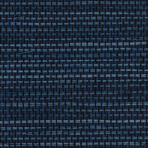 Detail of a sisal grasscloth wallpaper in shades of blue on a paper backing.