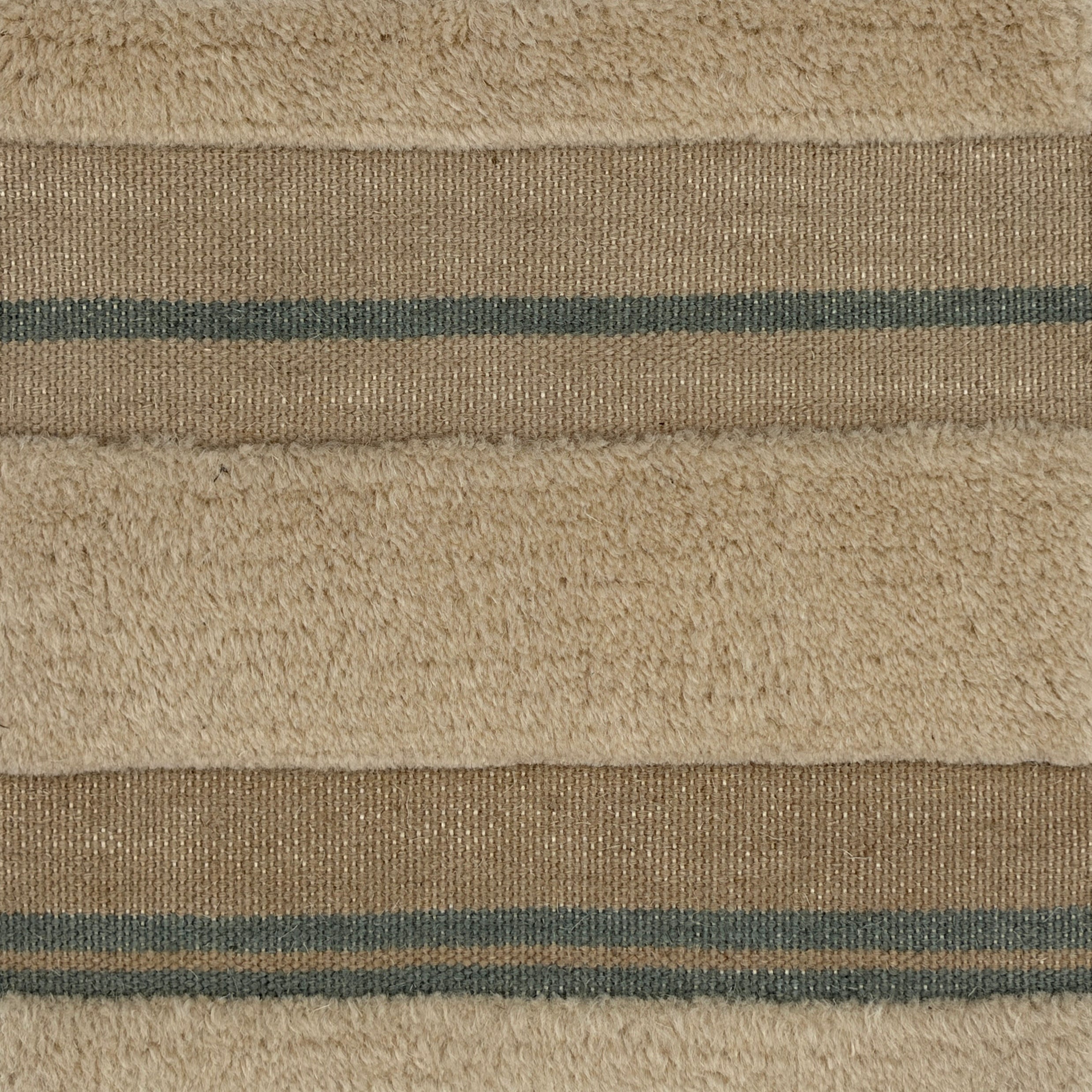 Handwoven rug in beige, cream and blue with raised cut pile stripes.