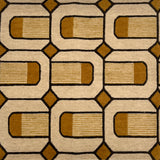 Close-up of a patterned rug with brown and beige colors
