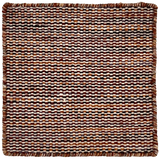 Woven rug with a striped pattern on a white background