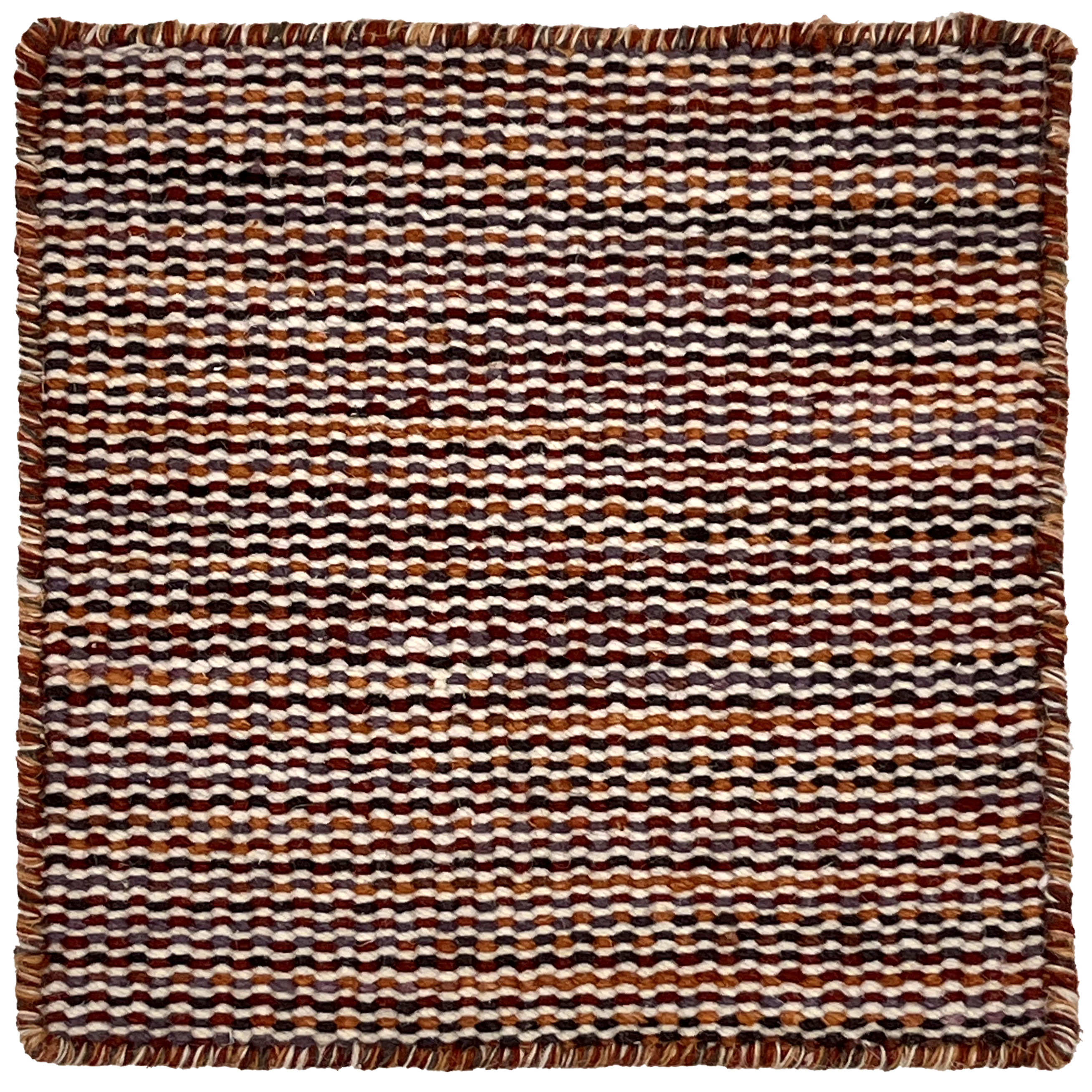 Woven rug with a striped pattern on a white background