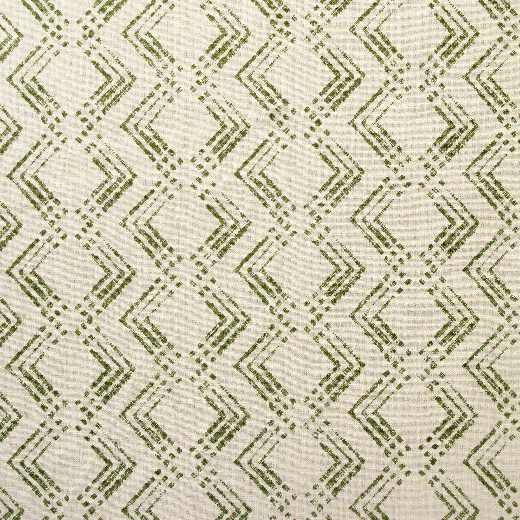 Fabric in a diamond grid pattern in olive on a cream field.