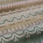 Close-up of patterned fabric with wavy lines and geometric shapes in green, tan and pink