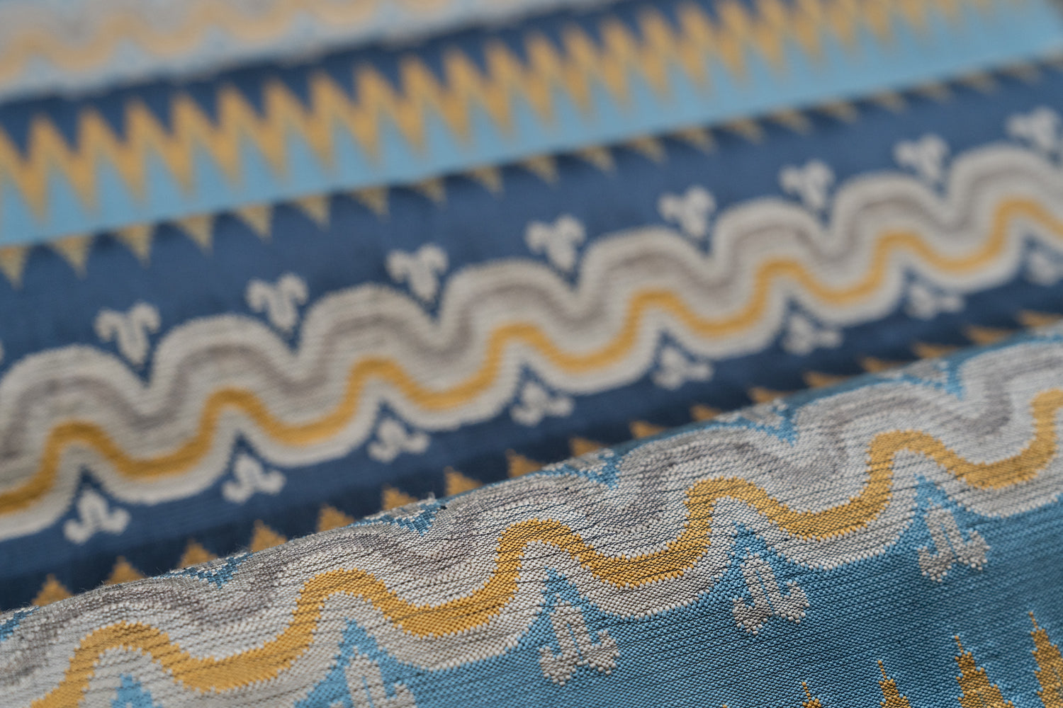 Close-up of fabric with blue, yellow, and white wavy stripe pattern