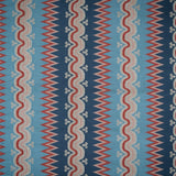 Handwoven silk fabric with zigzag and wavy designs in blue, red, and beige.