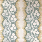Wallpaper in a botanical stripe print in tan and gray-blue on a white field.