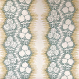 Wallpaper in a botanical stripe print in tan and gray-blue on a white field.