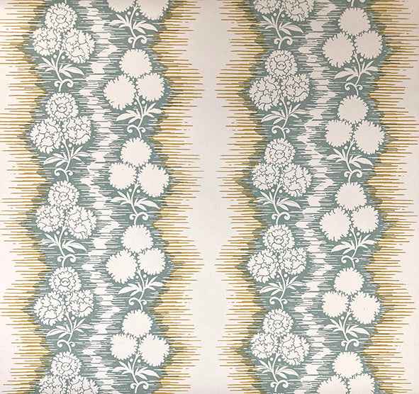 Wallpaper in a botanical stripe print in tan and gray-blue on a white field.