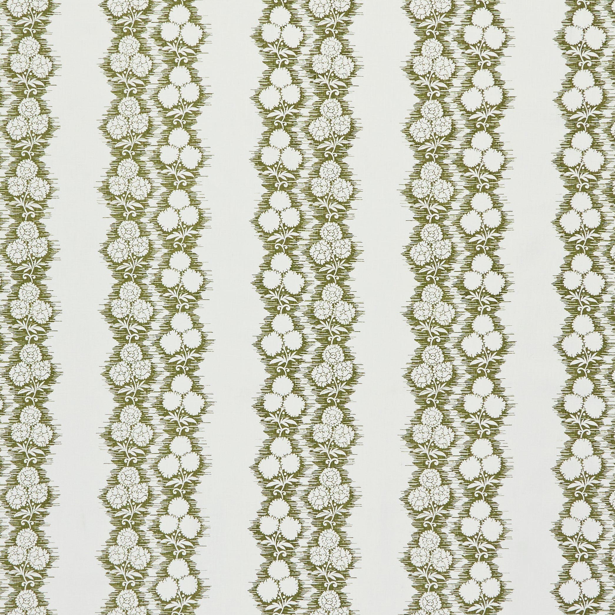 Fabric in a botanical stripe print in olive on a white field.