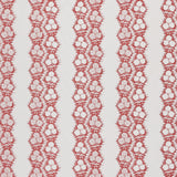 Fabric in a botanical stripe print in red on a white field.