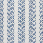 Fabric in a botanical stripe print in blue on a white field.