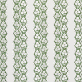 Fabric in a botanical stripe print in green on a white field.